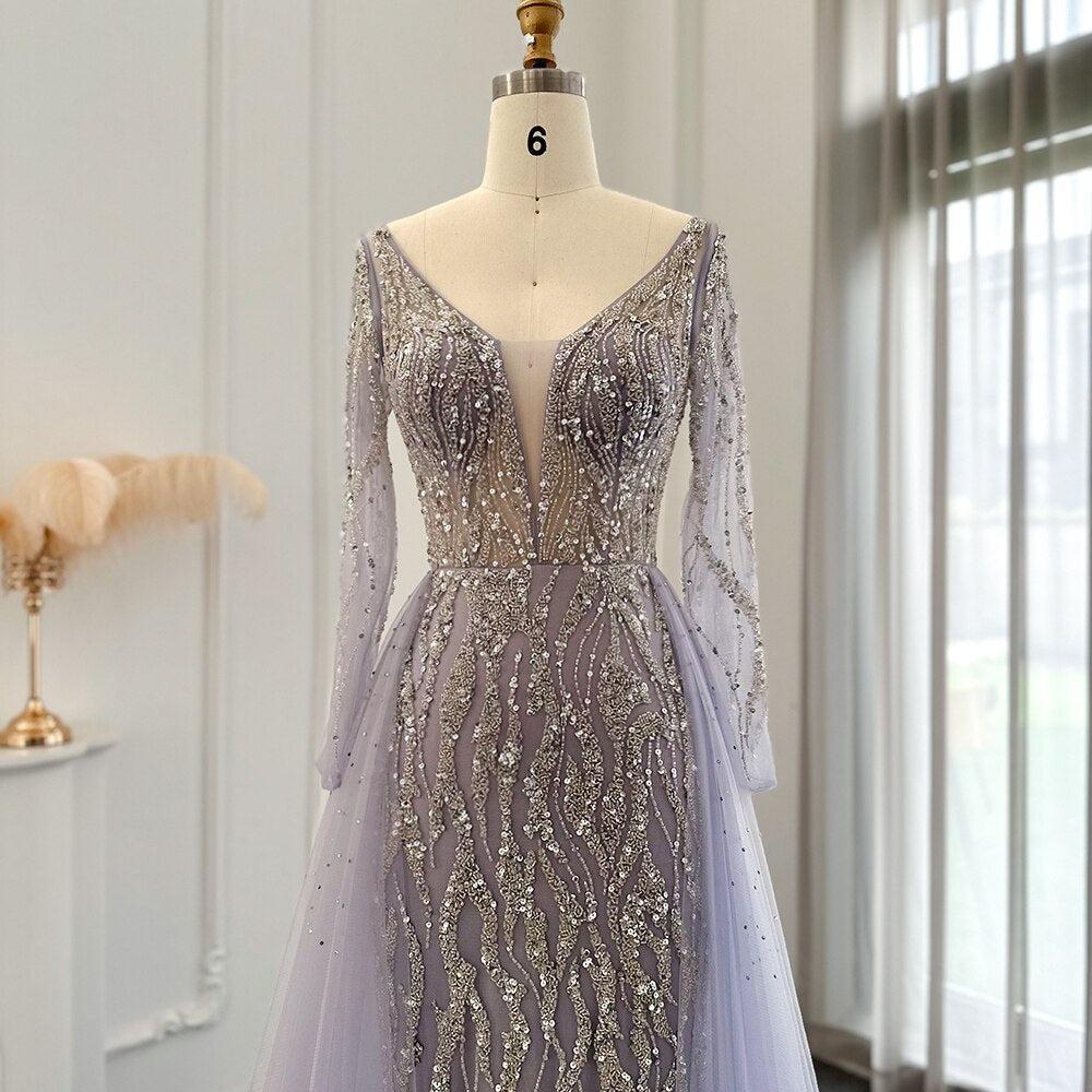 Arabic Lilac Mermaid Overskirt Evening Dresses 2023 Luxury Dubai Long Sleeves Women Wedding Guest Party Gowns SS234