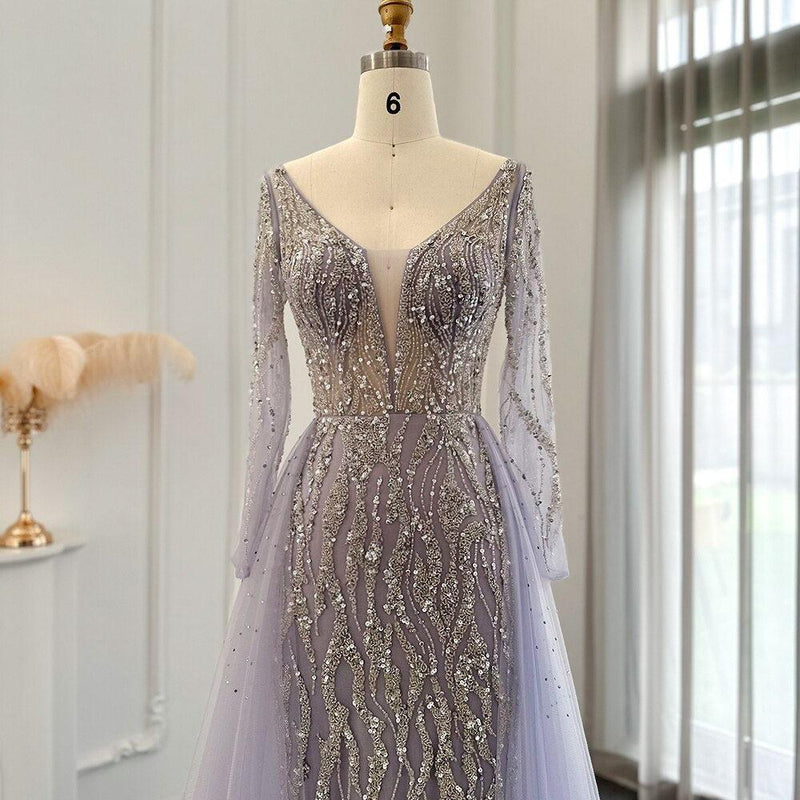 Arabic Lilac Mermaid Overskirt Evening Dresses 2023 Luxury Dubai Long Sleeves Women Wedding Guest Party Gowns SS234