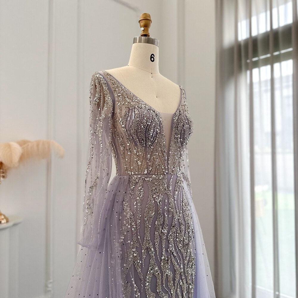 Arabic Lilac Mermaid Overskirt Evening Dresses 2023 Luxury Dubai Long Sleeves Women Wedding Guest Party Gowns SS234