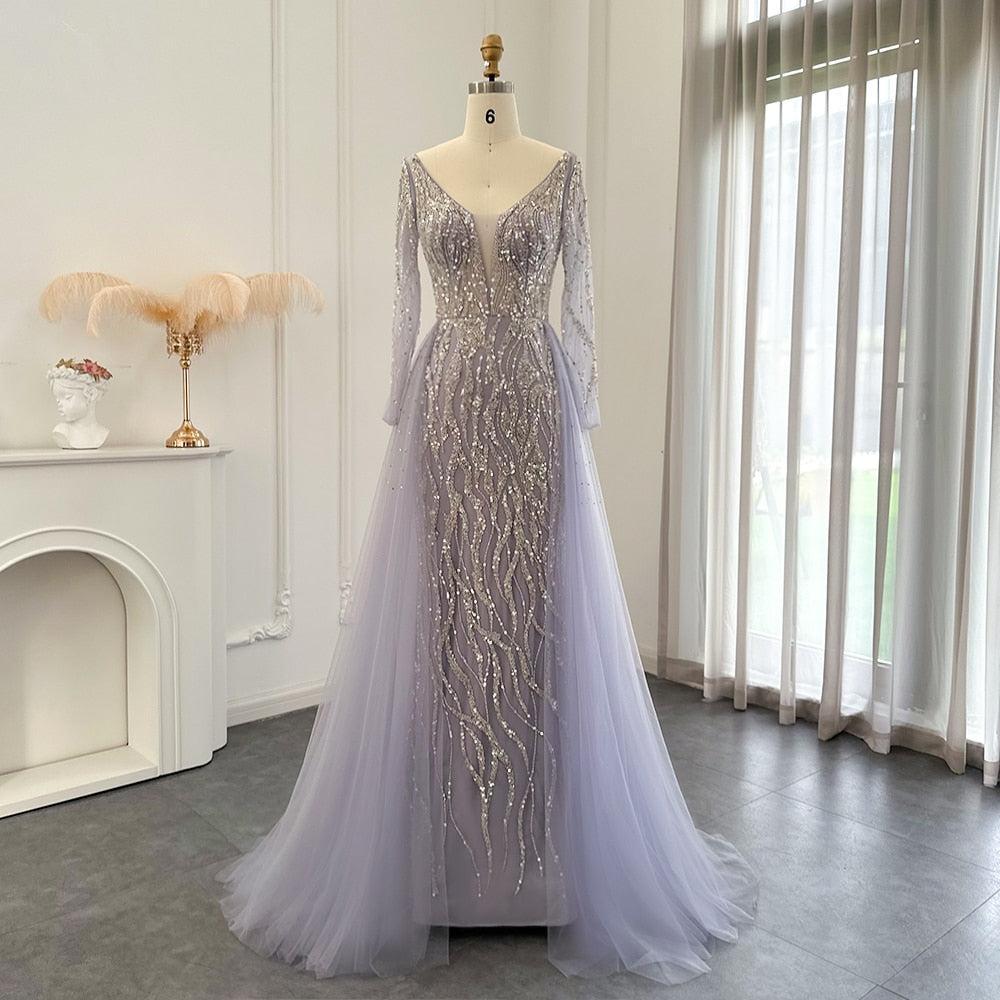 Arabic Lilac Mermaid Overskirt Evening Dresses 2023 Luxury Dubai Long Sleeves Women Wedding Guest Party Gowns SS234