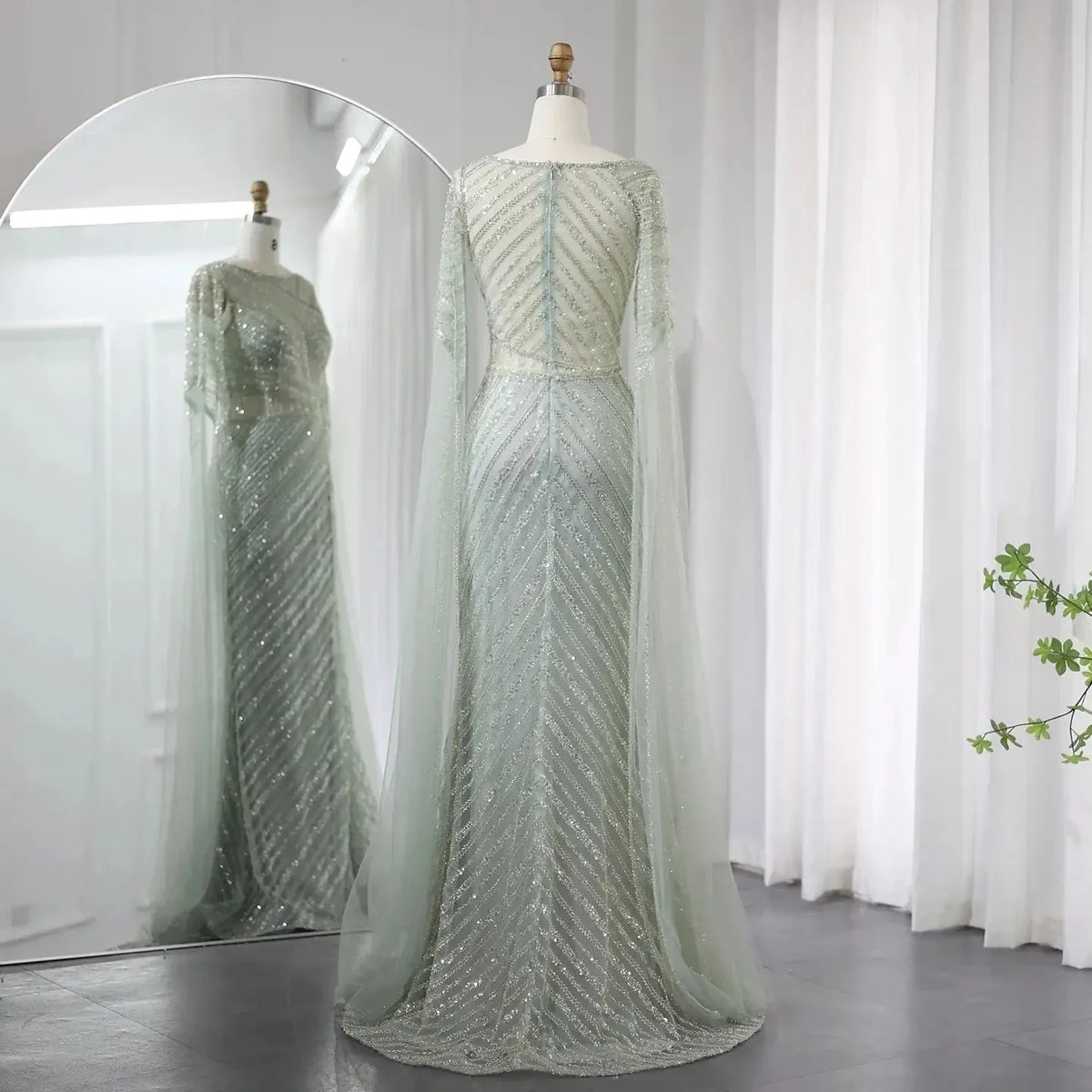 Arabic Mermaid Blue Dubai Evening Dress with Cape Sleeves Luxury Wedding Party Gowns SS087