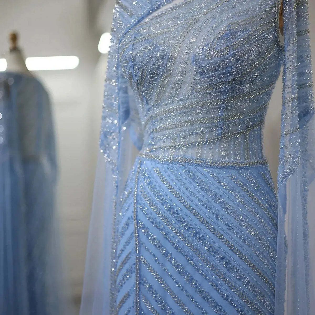 Arabic Mermaid Blue Dubai Evening Dress with Cape Sleeves Luxury Wedding Party Gowns SS087