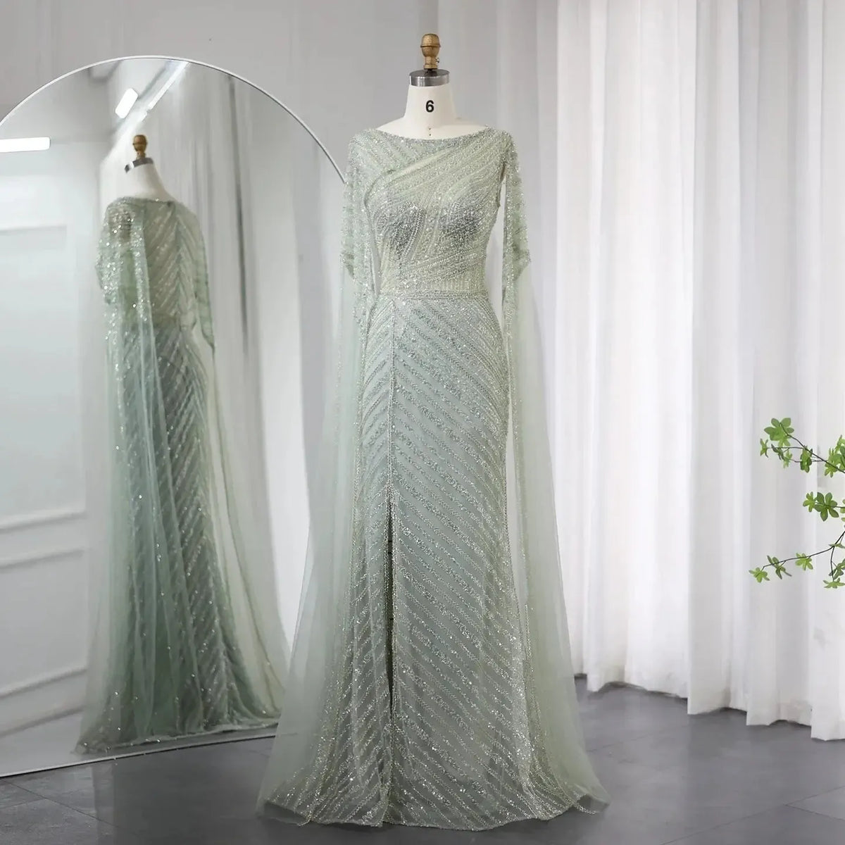 Arabic Mermaid Blue Dubai Evening Dress with Cape Sleeves Luxury Wedding Party Gowns SS087