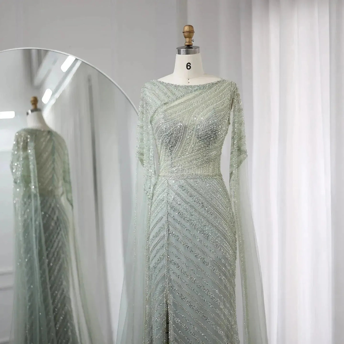 Arabic Mermaid Blue Dubai Evening Dress with Cape Sleeves Luxury Wedding Party Gowns SS087