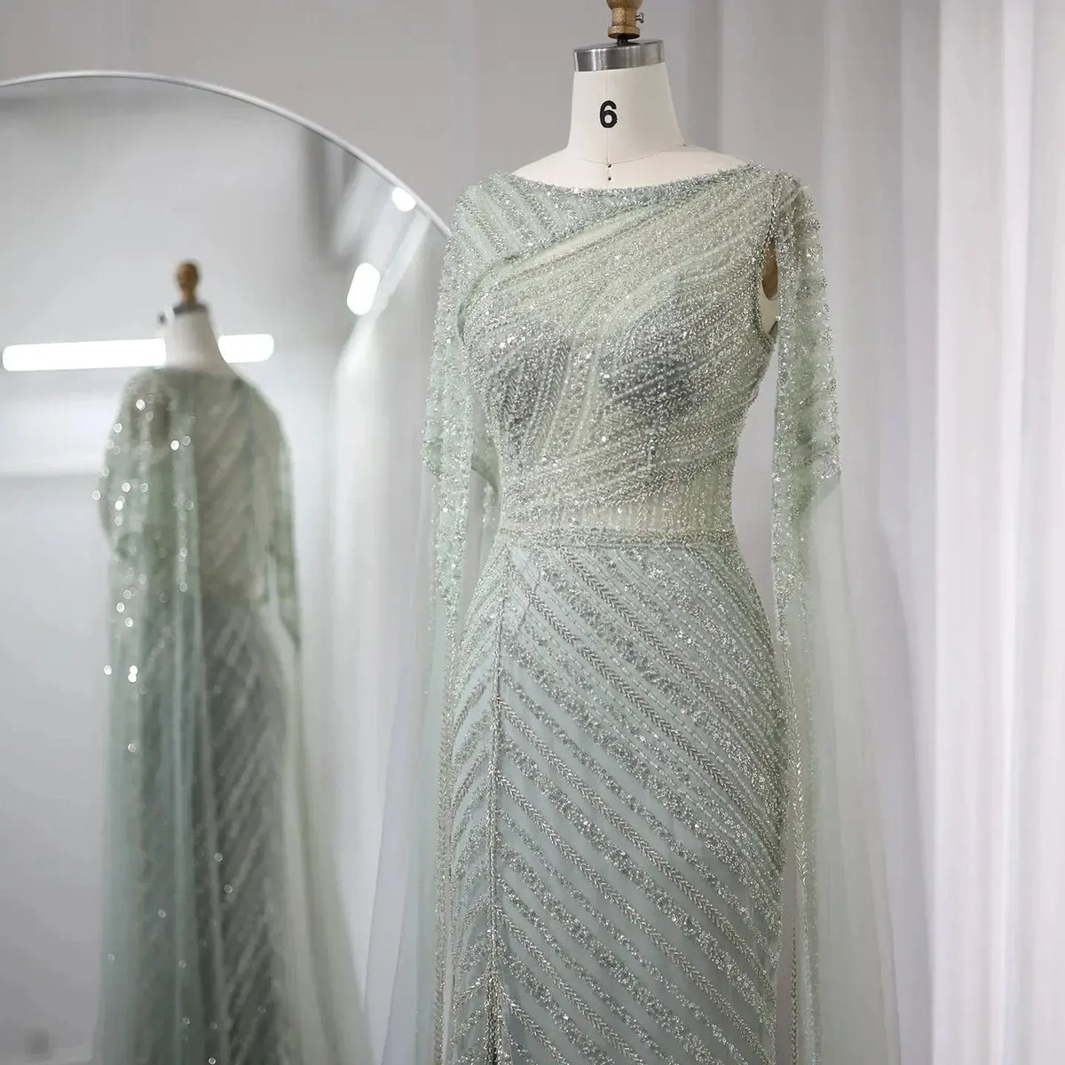 Arabic Mermaid Blue Dubai Evening Dress with Cape Sleeves Luxury Wedding Party Gowns SS087