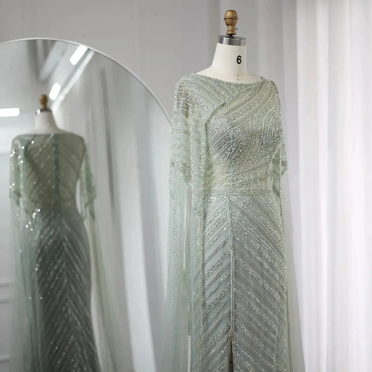 Arabic Mermaid Blue Dubai Evening Dress with Cape Sleeves Luxury Wedding Party Gowns SS087