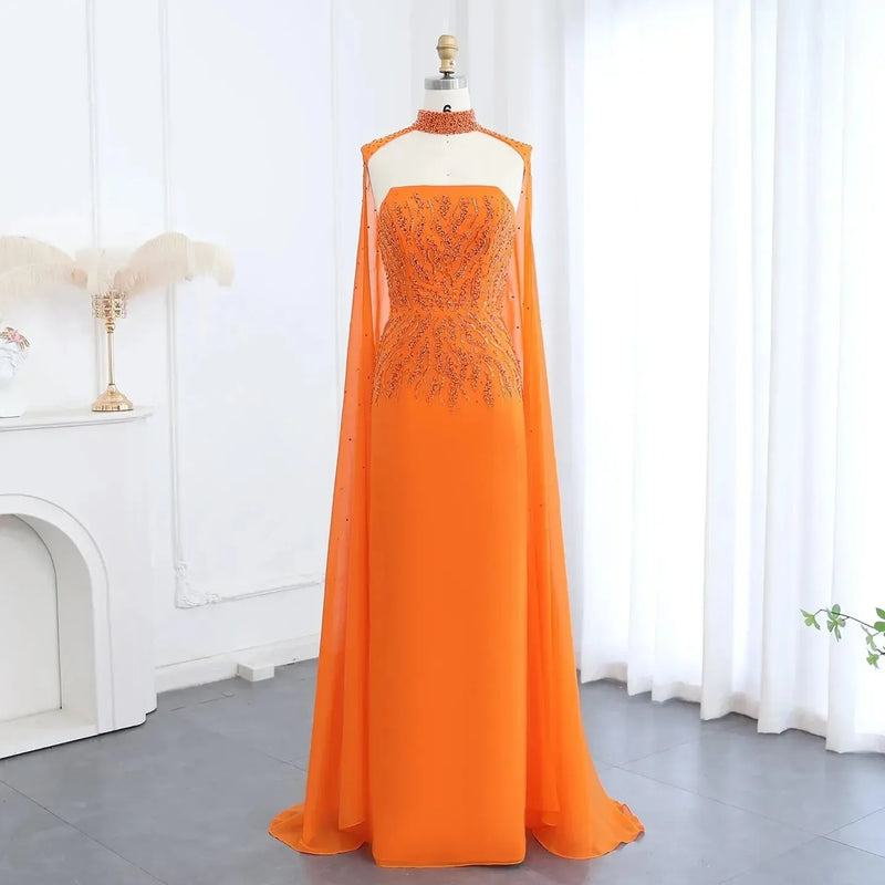 Arabic Orange Strapless Evening Dress with Cape Sleeve Women for Wedding Luxury Dubai Formal Party Gowns SS299