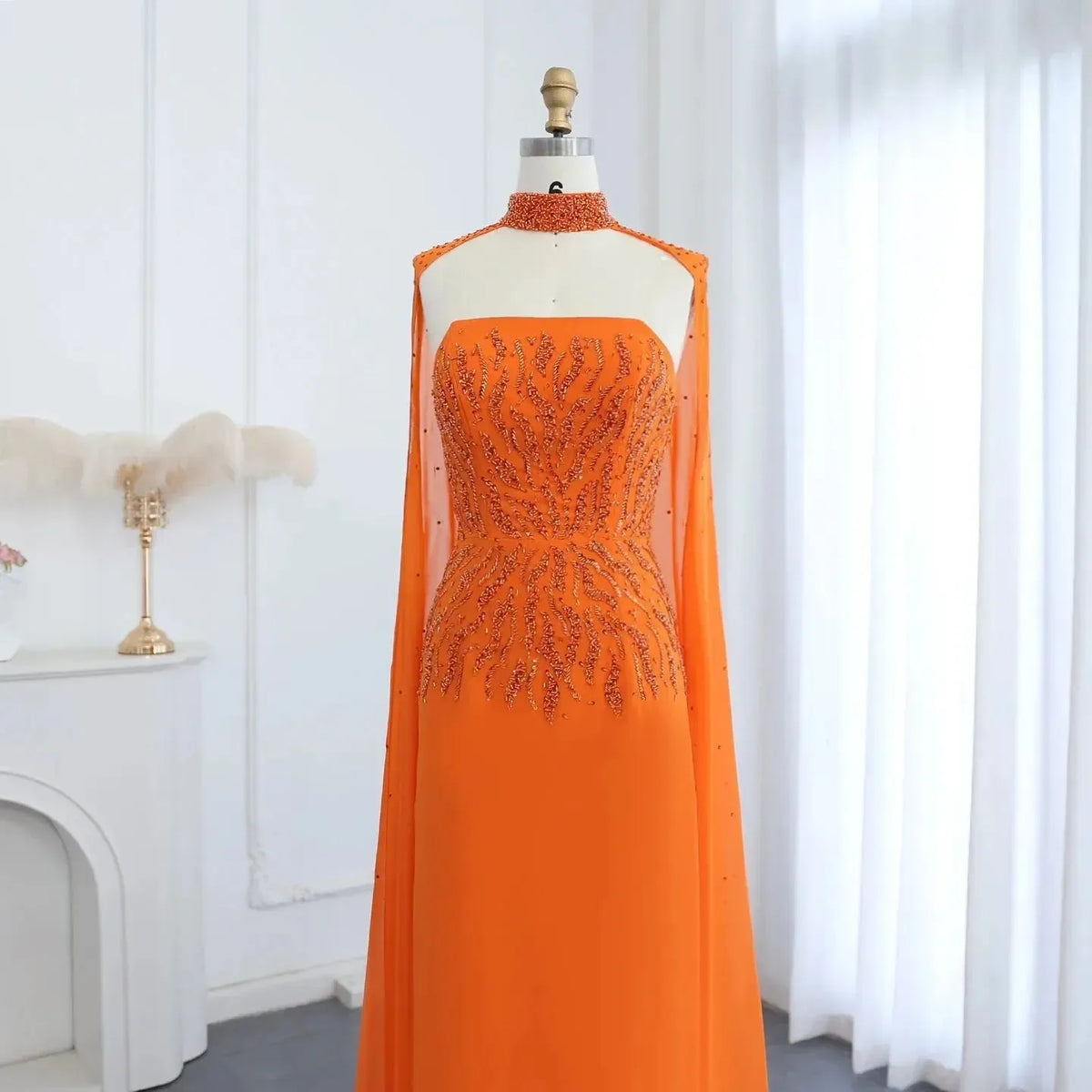 Arabic Orange Strapless Evening Dress with Cape Sleeve Women for Wedding Luxury Dubai Formal Party Gowns SS299