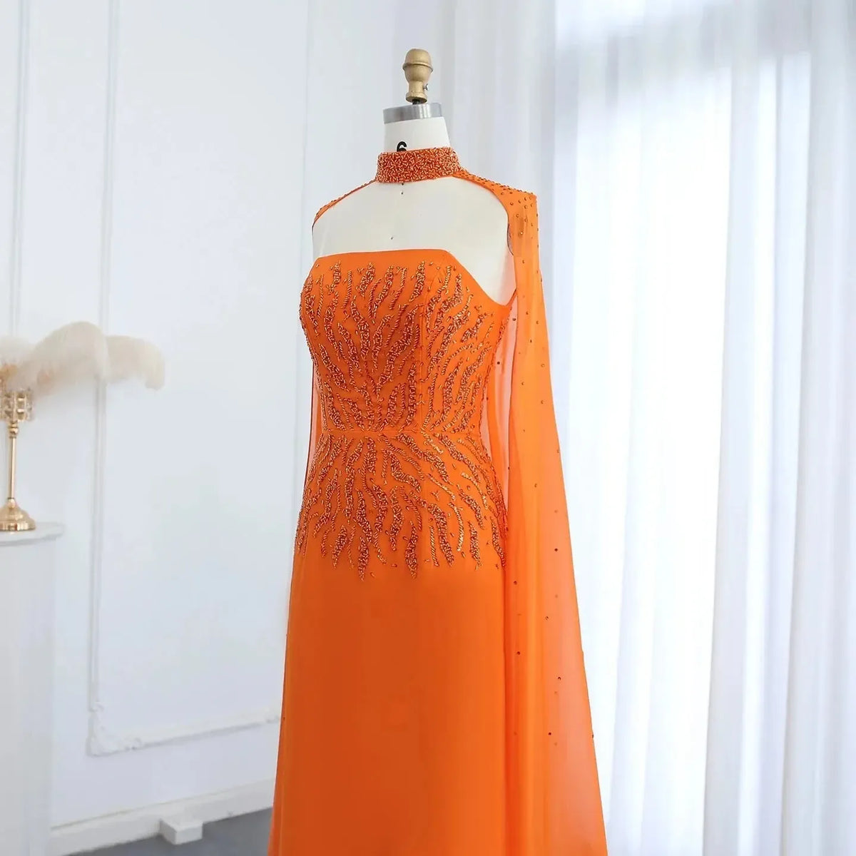 Arabic Orange Strapless Evening Dress with Cape Sleeve Women for Wedding Luxury Dubai Formal Party Gowns SS299