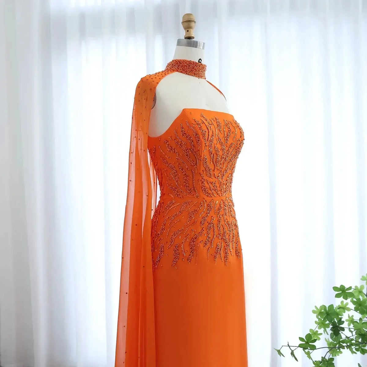 Arabic Orange Strapless Evening Dress with Cape Sleeve Women for Wedding Luxury Dubai Formal Party Gowns SS299
