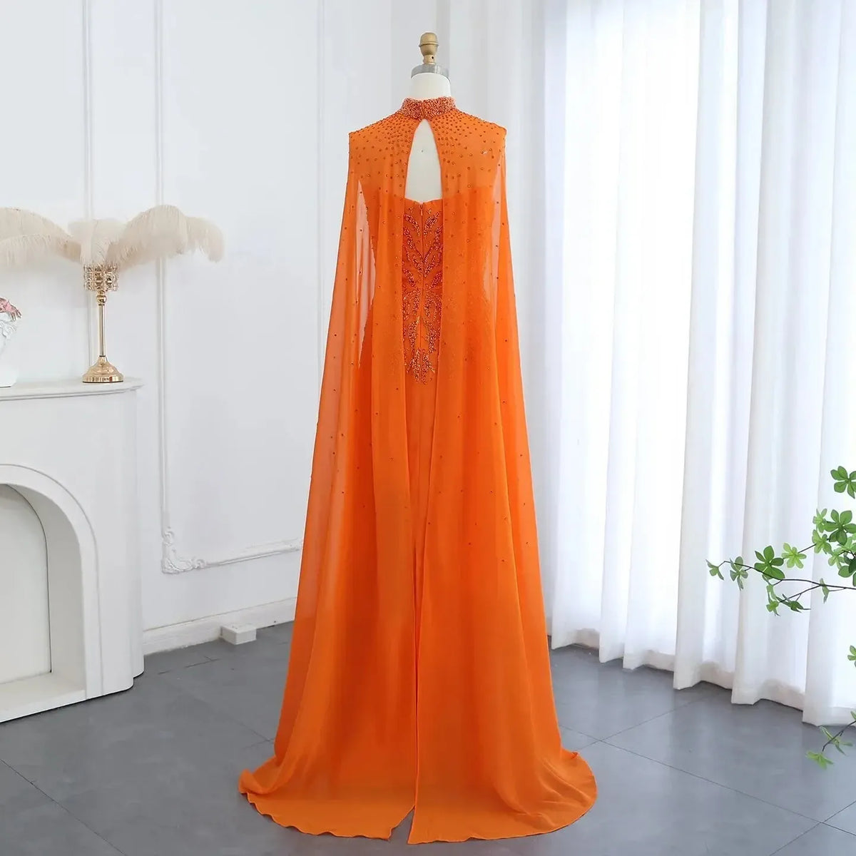 Arabic Orange Strapless Evening Dress with Cape Sleeve Women for Wedding Luxury Dubai Formal Party Gowns SS299
