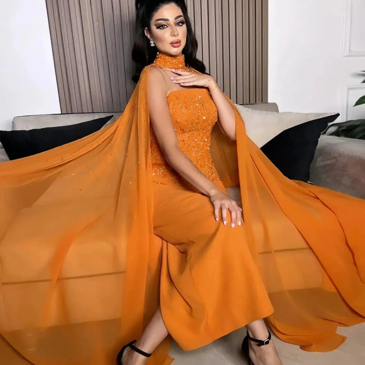 Arabic Orange Strapless Evening Dress with Cape Sleeve Women for Wedding Luxury Dubai Formal Party Gowns SS299