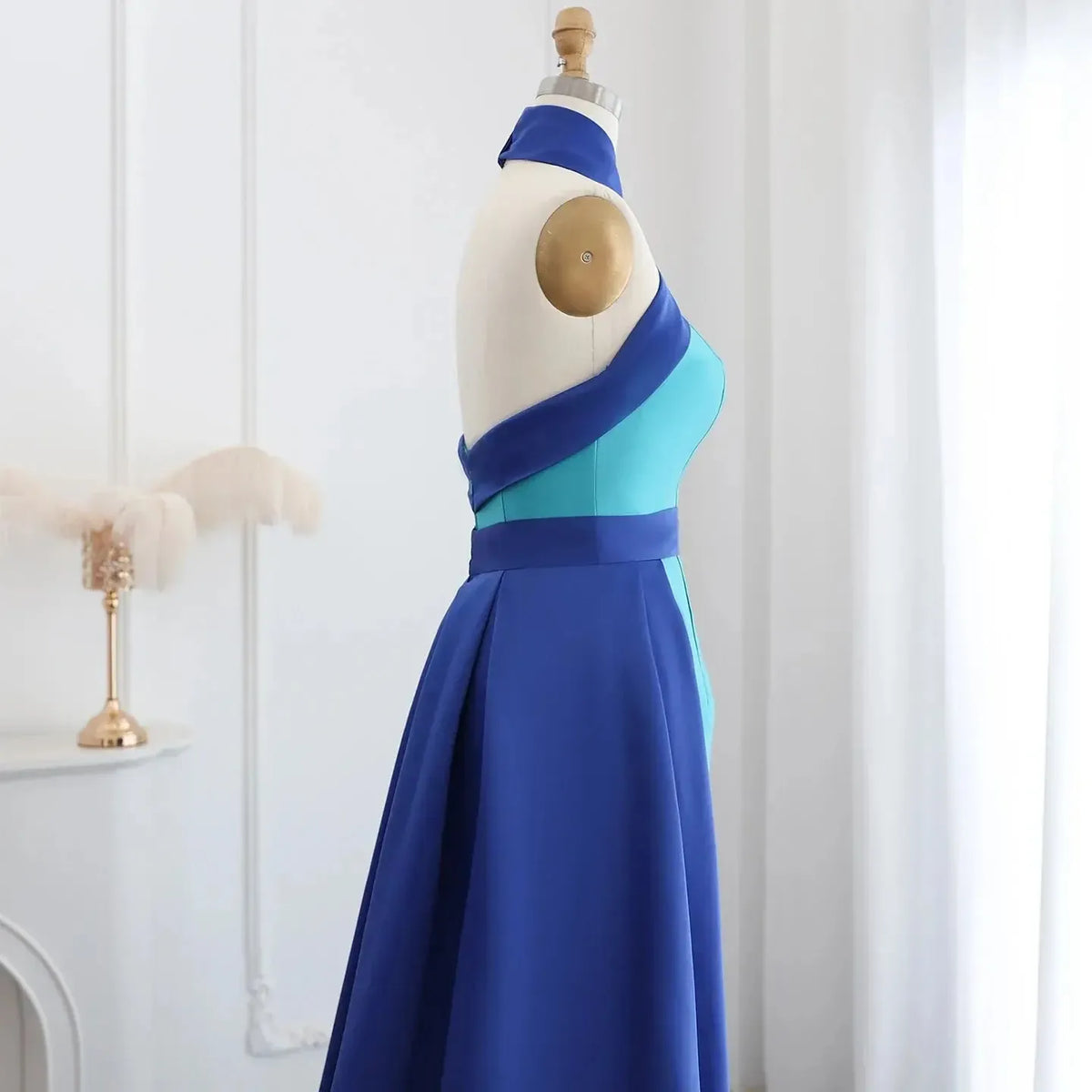 Arabic Royal Blue Contrast Turquoise Evening Dress with Overskirt Criss Cross Halter Women Wedding Party Dress SF012