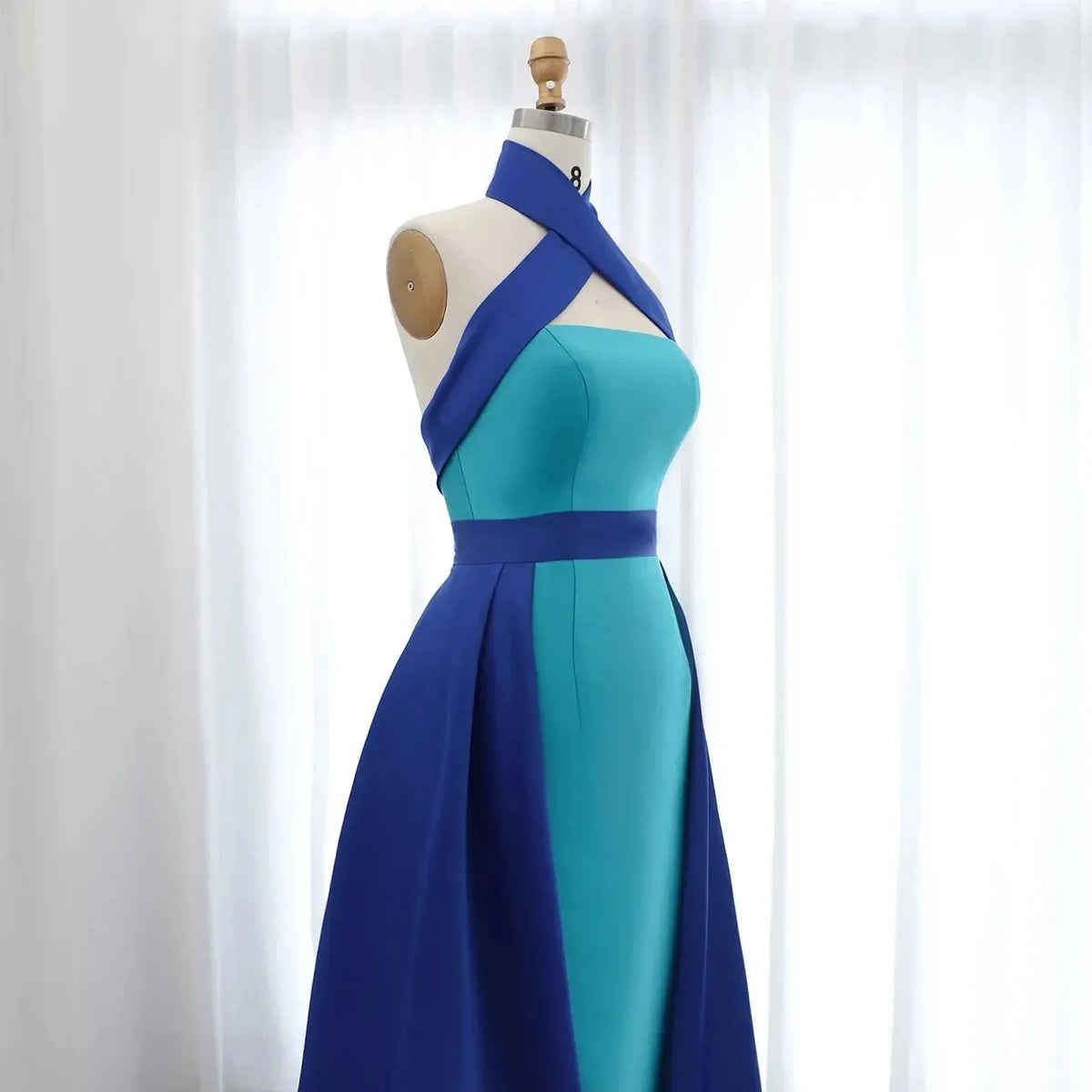 Arabic Royal Blue Contrast Turquoise Evening Dress with Overskirt Criss Cross Halter Women Wedding Party Dress SF012