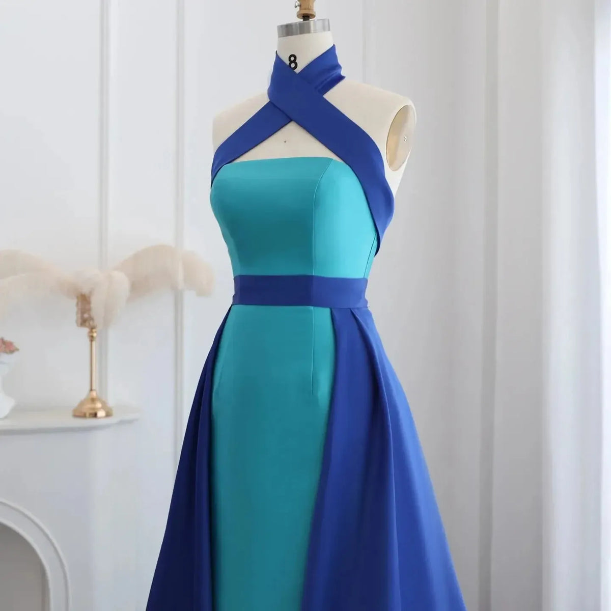 Arabic Royal Blue Contrast Turquoise Evening Dress with Overskirt Criss Cross Halter Women Wedding Party Dress SF012