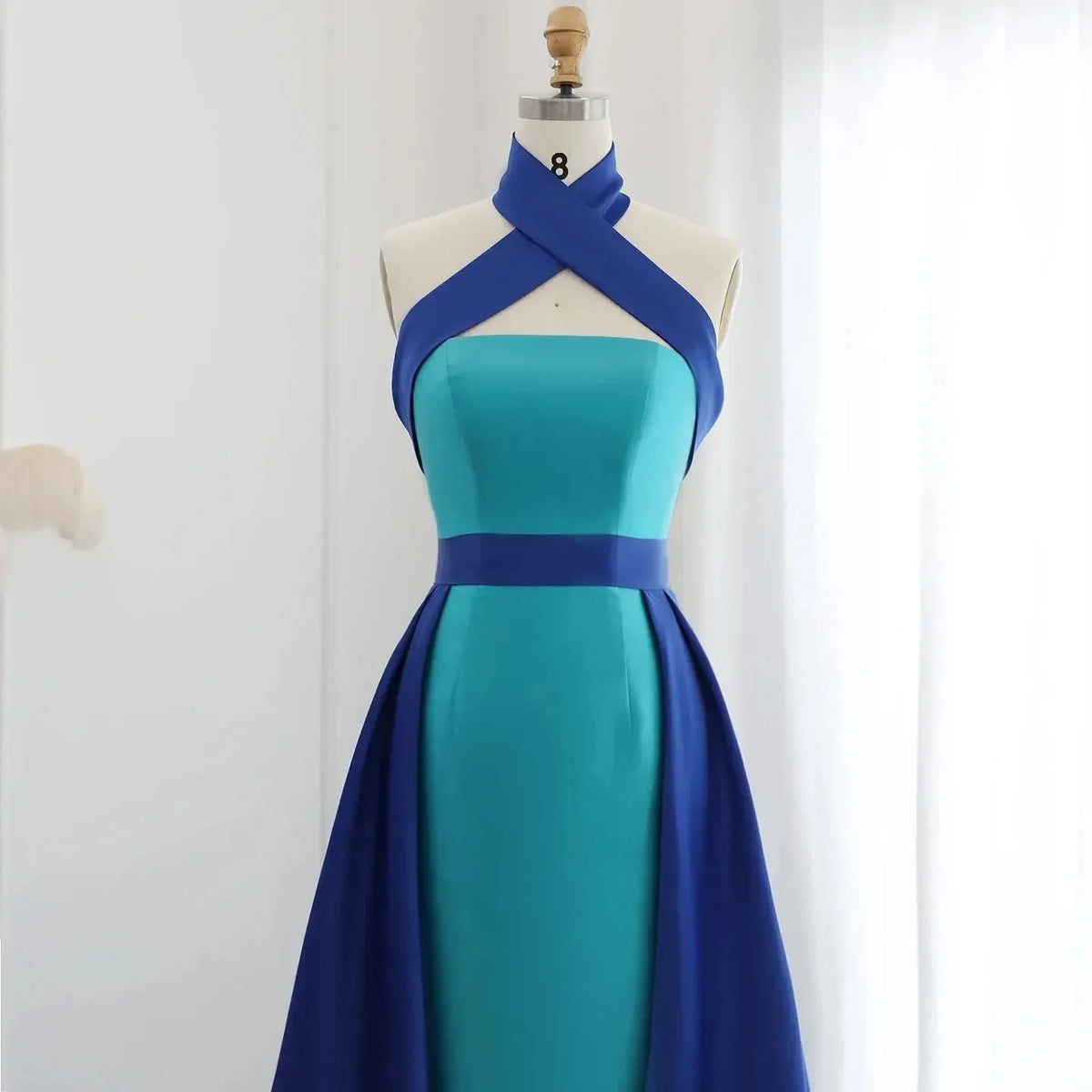 Arabic Royal Blue Contrast Turquoise Evening Dress with Overskirt Criss Cross Halter Women Wedding Party Dress SF012