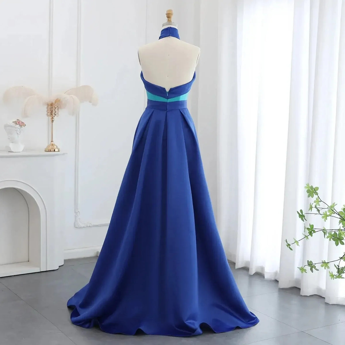 Arabic Royal Blue Contrast Turquoise Evening Dress with Overskirt Criss Cross Halter Women Wedding Party Dress SF012