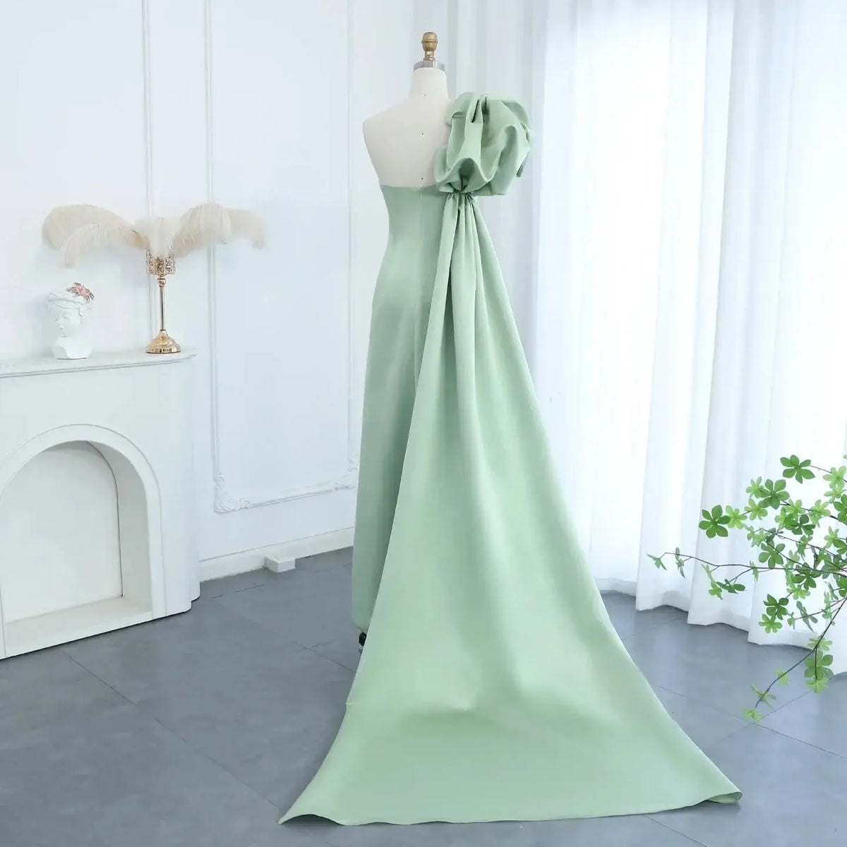 Arabic Sage Green One Shoulder Evening Dress with Cape Luxury Crystal Tassel Dubai Wedding Party Gowns SS368