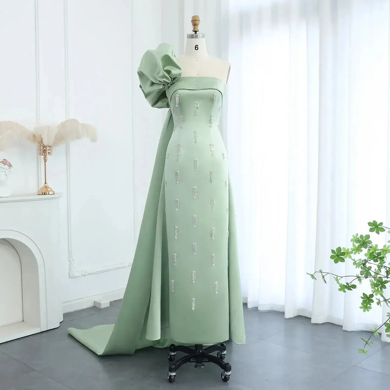 Arabic Sage Green One Shoulder Evening Dress with Cape Luxury Crystal Tassel Dubai Wedding Party Gowns SS368