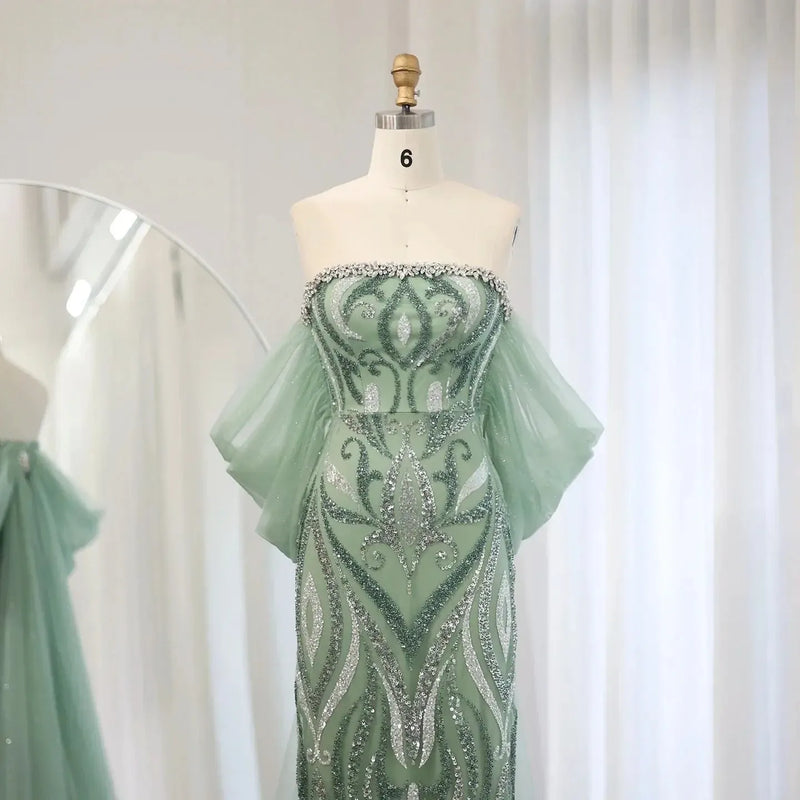 Arabic Strapless Sage Green Evening Dresses with Cape Sleeves Dubai Crystal Midi Women Wedding Party Gownns SS345