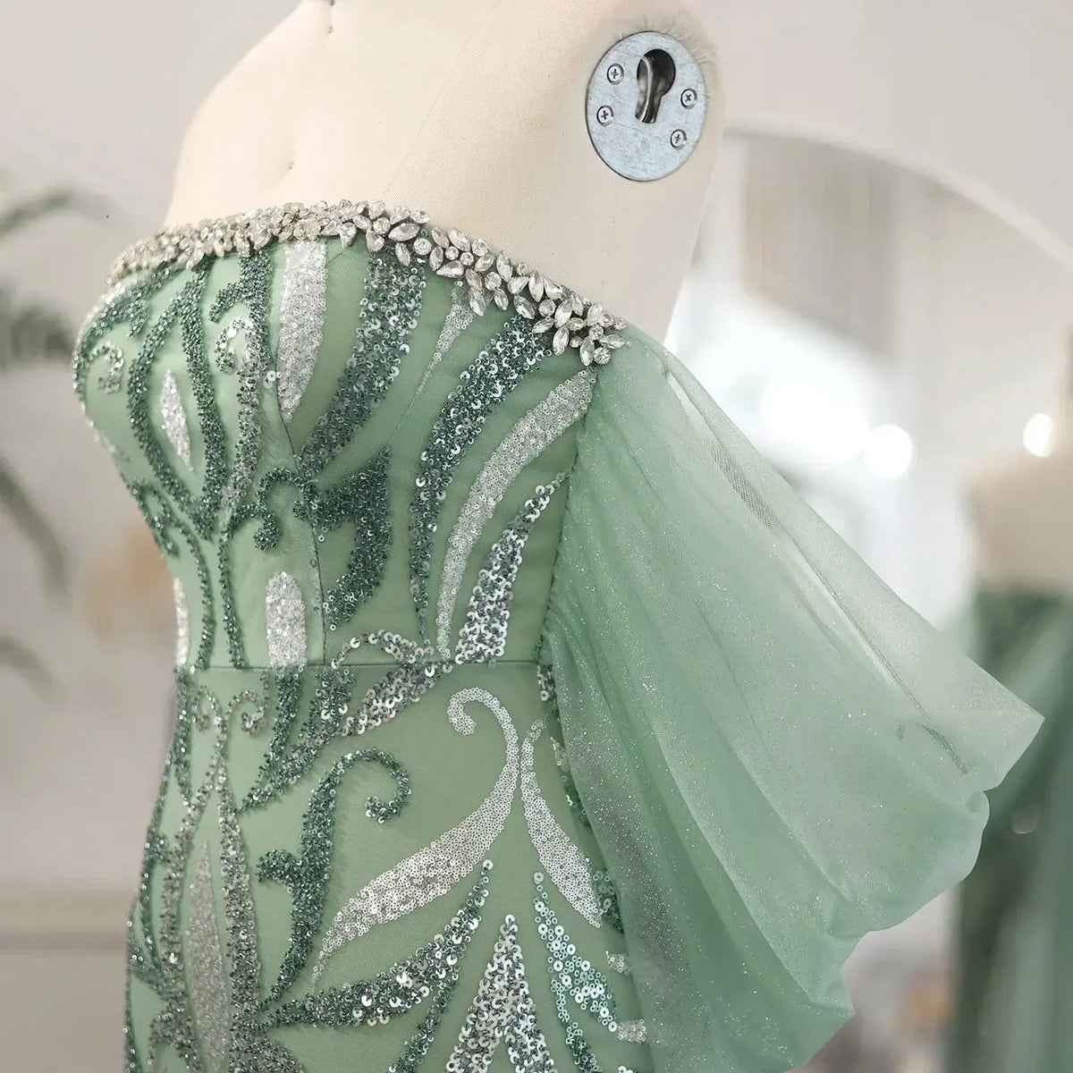 Arabic Strapless Sage Green Evening Dresses with Cape Sleeves Dubai Crystal Midi Women Wedding Party Gownns SS345