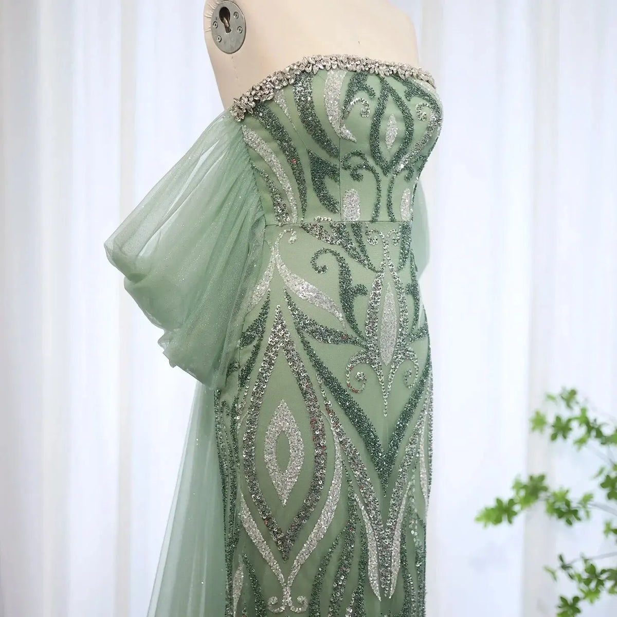 Arabic Strapless Sage Green Evening Dresses with Cape Sleeves Dubai Crystal Midi Women Wedding Party Gownns SS345
