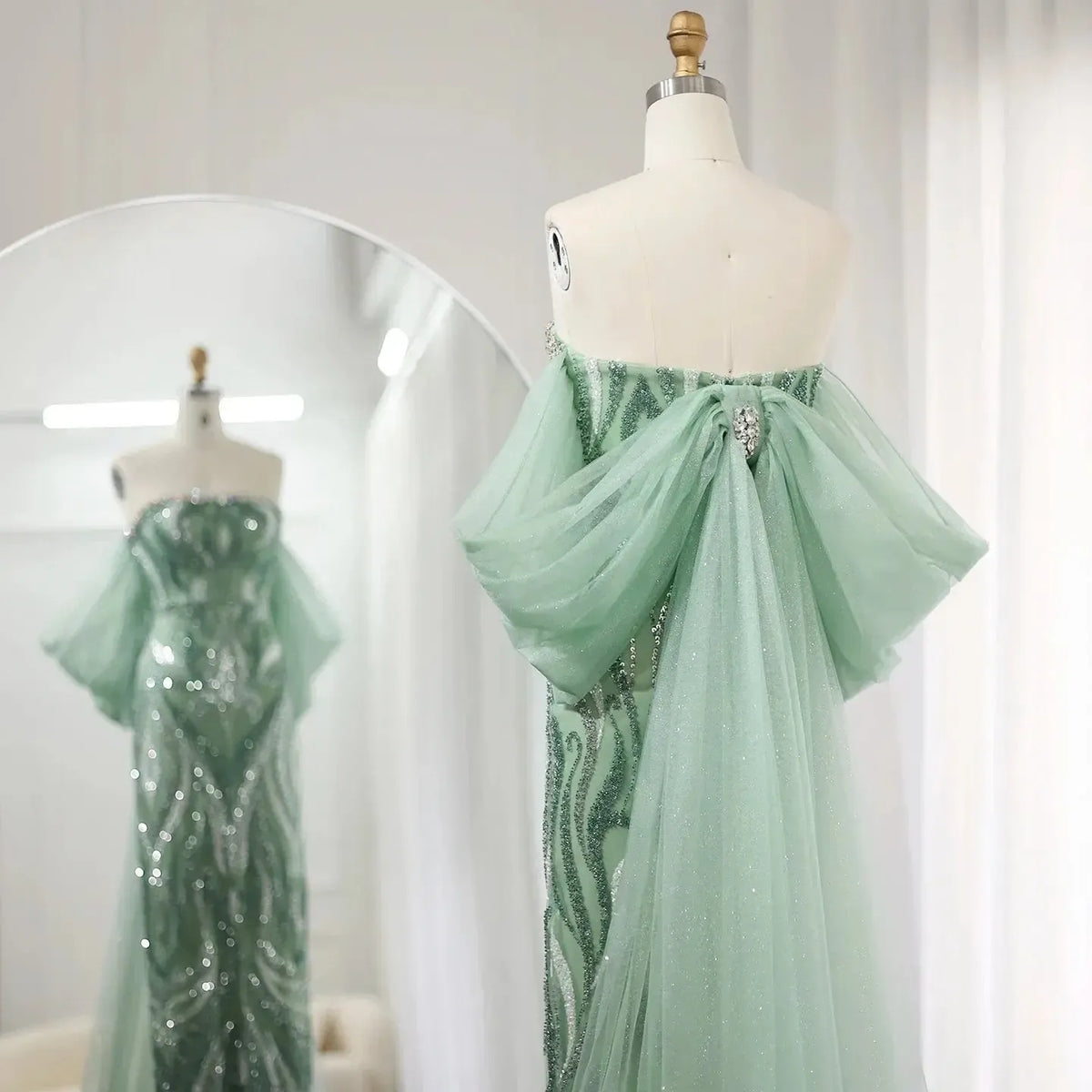 Arabic Strapless Sage Green Evening Dresses with Cape Sleeves Dubai Crystal Midi Women Wedding Party Gownns SS345