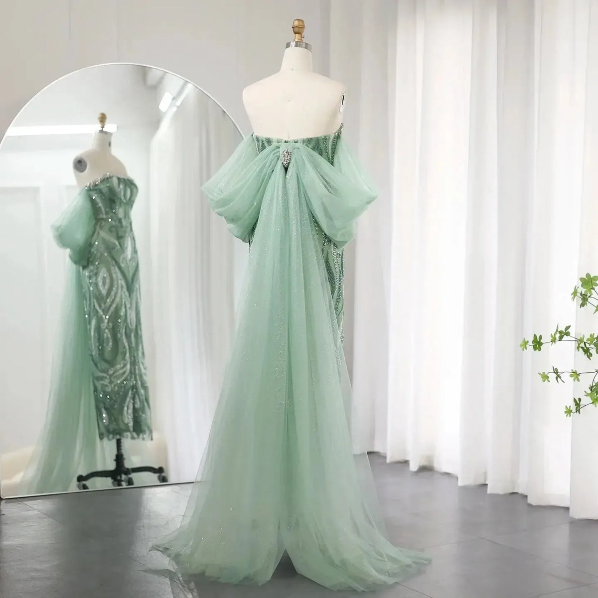 Arabic Strapless Sage Green Evening Dresses with Cape Sleeves Dubai Crystal Midi Women Wedding Party Gownns SS345