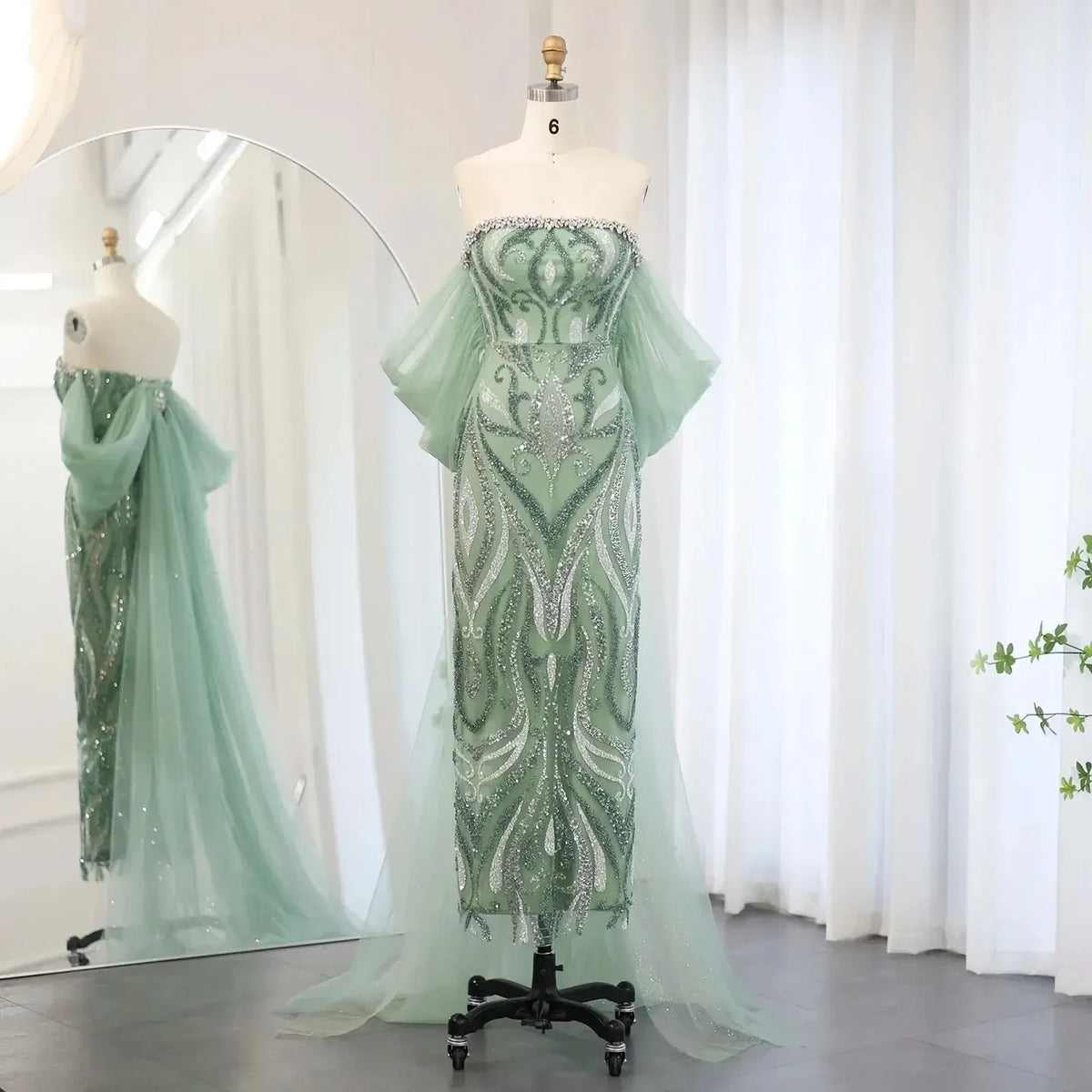 Arabic Strapless Sage Green Evening Dresses with Cape Sleeves Dubai Crystal Midi Women Wedding Party Gownns SS345