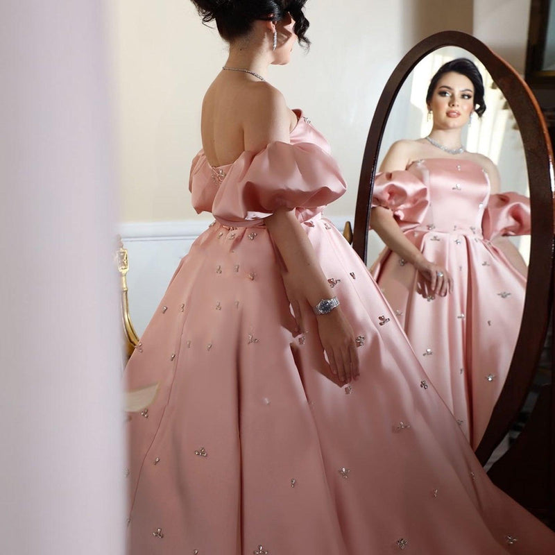 Arabic Women Blush Pink Satin Dubai Evening Dresses with Cap Sleeves Crystal Wedding Party Gowns SS442