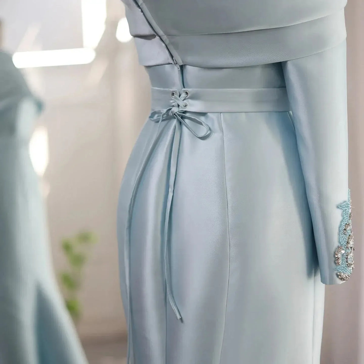 Arabic Yellow One Shoulder Mermaid Evening Dress with Cape Baby Blue Beaded Dubai Luxury Wedding Party Dress SF014