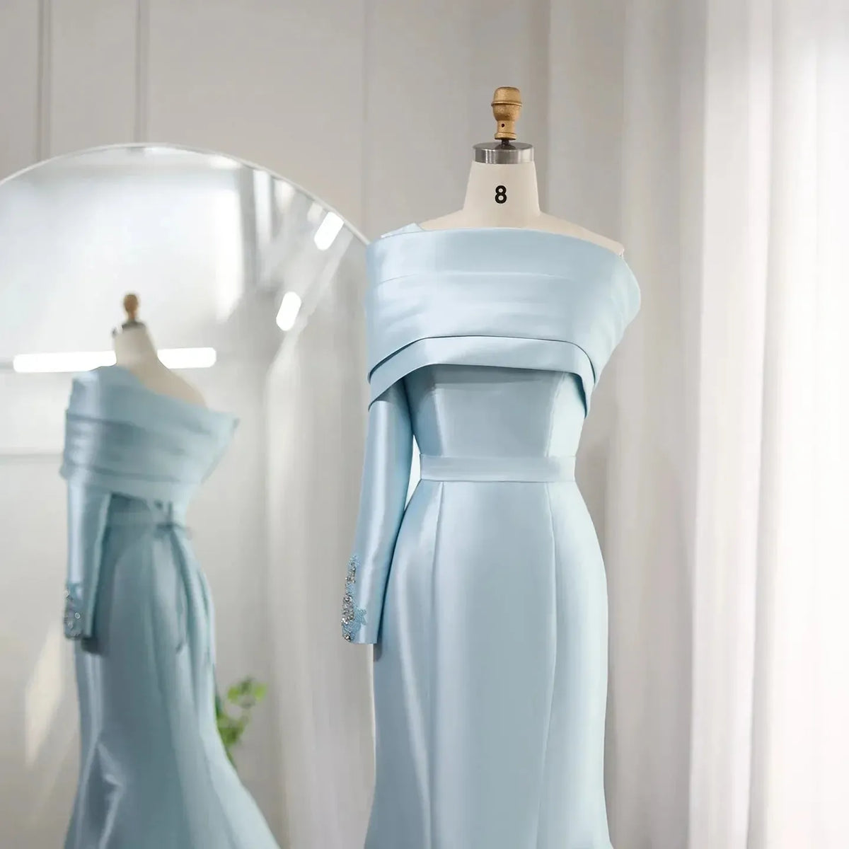 Arabic Yellow One Shoulder Mermaid Evening Dress with Cape Baby Blue Beaded Dubai Luxury Wedding Party Dress SF014