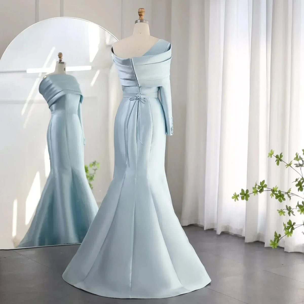 Arabic Yellow One Shoulder Mermaid Evening Dress with Cape Baby Blue Beaded Dubai Luxury Wedding Party Dress SF014