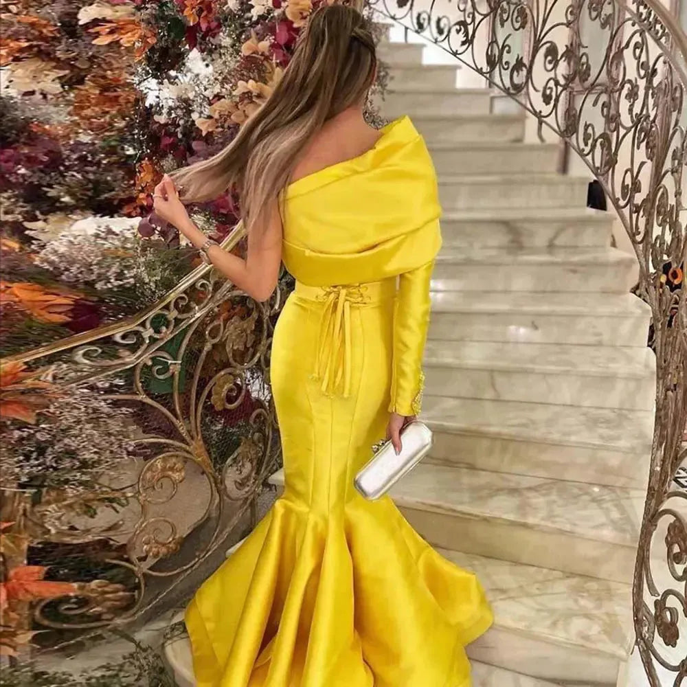 Arabic Yellow One Shoulder Mermaid Evening Dress with Cape Baby Blue Beaded Dubai Luxury Wedding Party Dress SF014