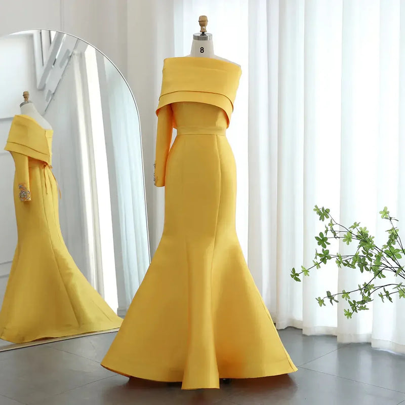 Arabic Yellow One Shoulder Mermaid Evening Dress with Cape Baby Blue Beaded Dubai Luxury Wedding Party Dress SF014