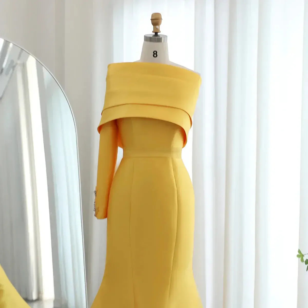 Arabic Yellow One Shoulder Mermaid Evening Dress with Cape Baby Blue Beaded Dubai Luxury Wedding Party Dress SF014