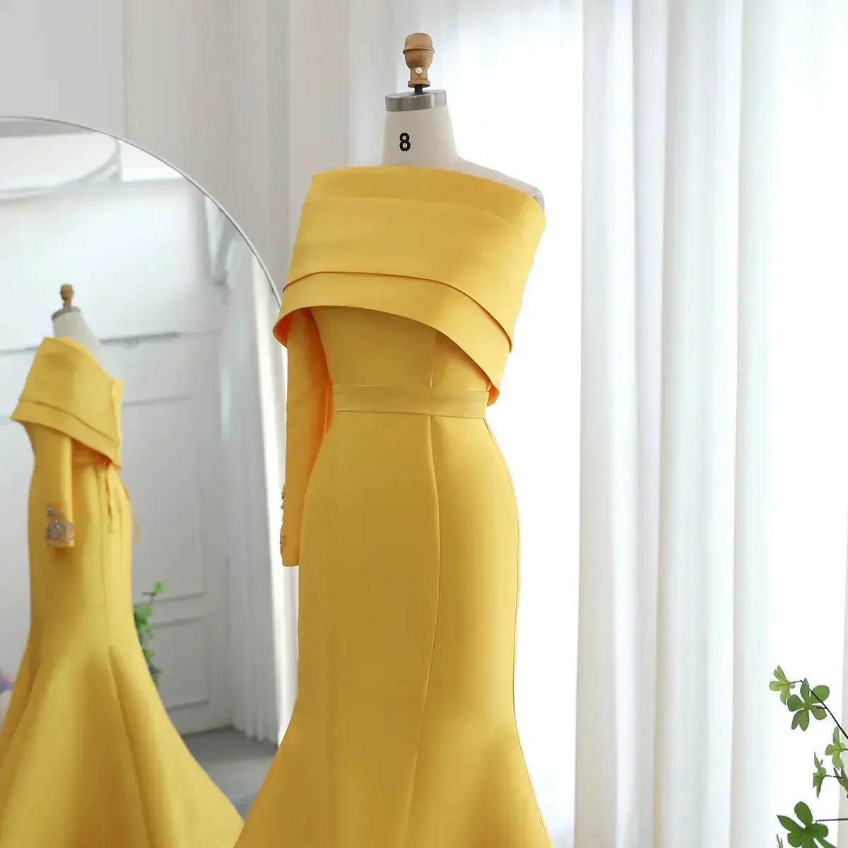 Arabic Yellow One Shoulder Mermaid Evening Dress with Cape Baby Blue Beaded Dubai Luxury Wedding Party Dress SF014