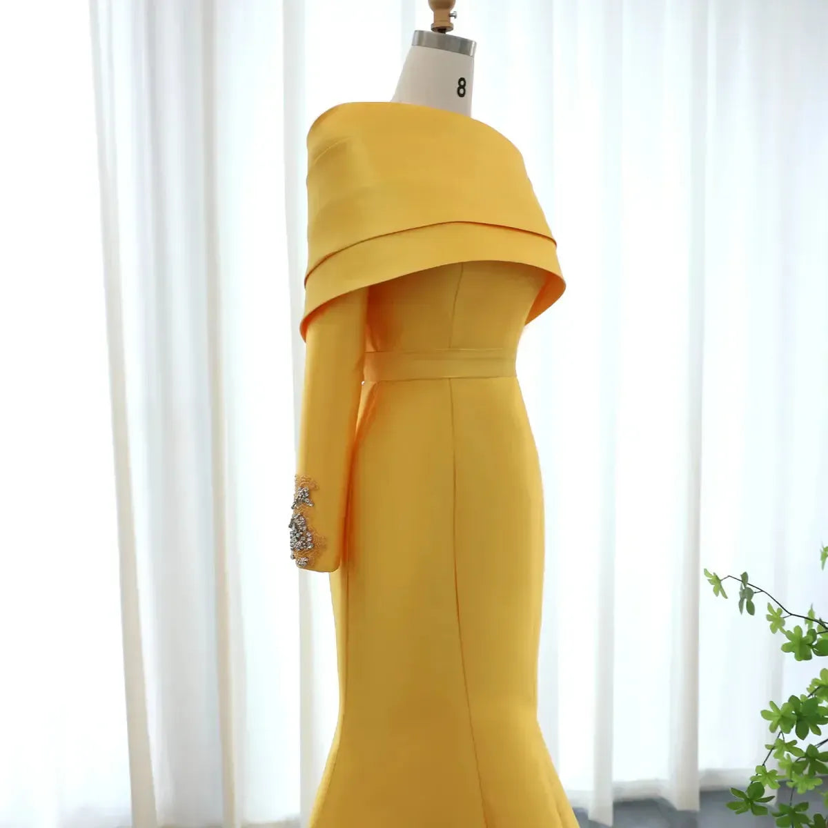 Arabic Yellow One Shoulder Mermaid Evening Dress with Cape Baby Blue Beaded Dubai Luxury Wedding Party Dress SF014