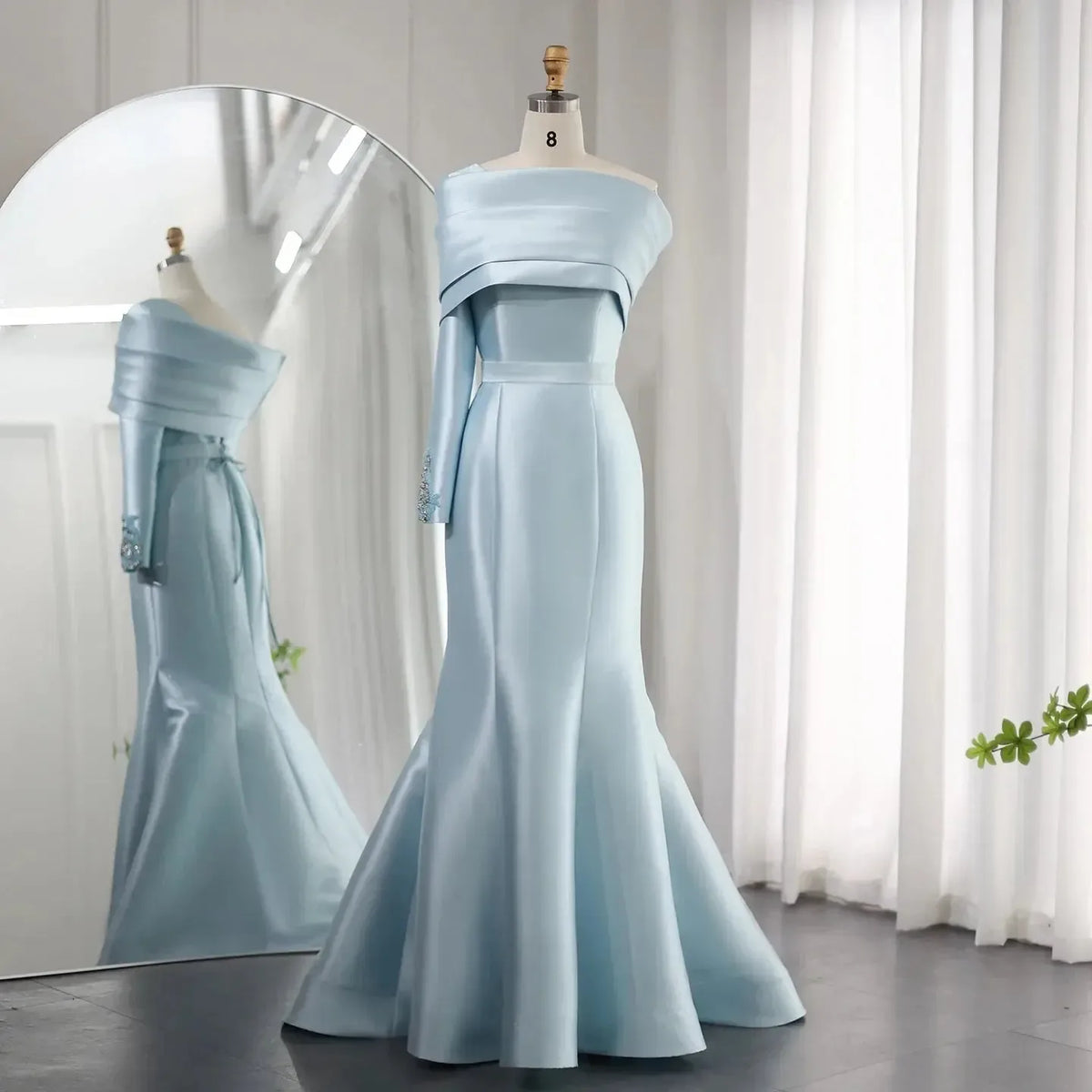 Arabic Yellow One Shoulder Mermaid Evening Dress with Cape Baby Blue Beaded Dubai Luxury Wedding Party Dress SF014