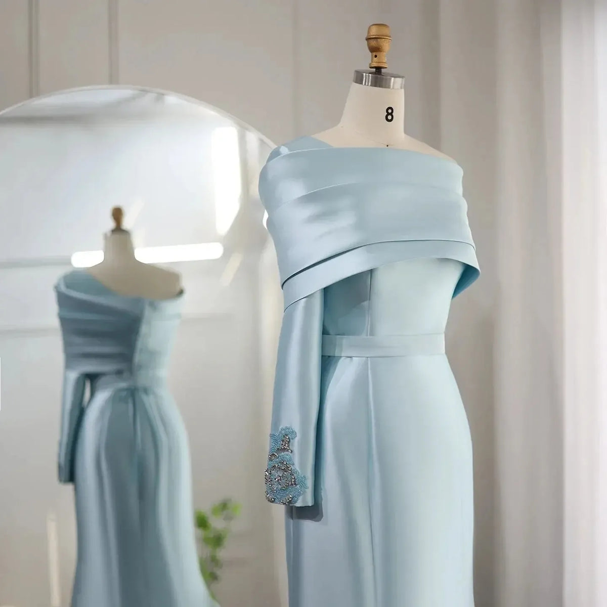 Arabic Yellow One Shoulder Mermaid Evening Dress with Cape Baby Blue Beaded Dubai Luxury Wedding Party Dress SF014