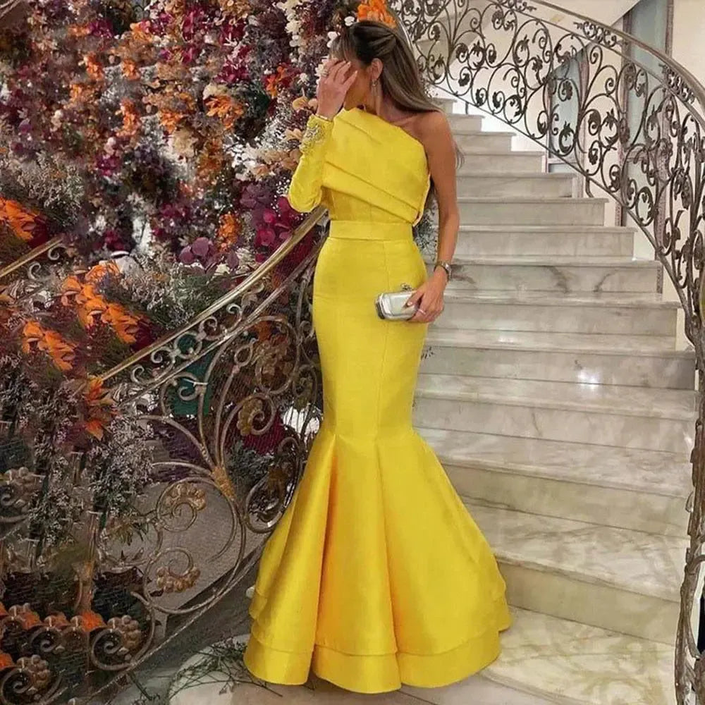 Arabic Yellow One Shoulder Mermaid Evening Dress with Cape Baby Blue Beaded Dubai Luxury Wedding Party Dress SF014