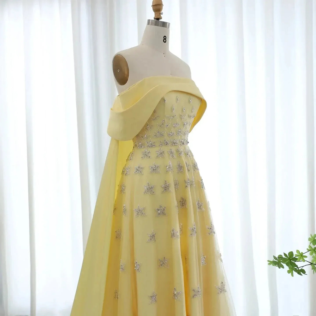 Arabic Yellow Satin Luxury Dubai Evening Dress with Cape 2024 Elegant Off Shoulder Women Wedding Party Gowns SS455