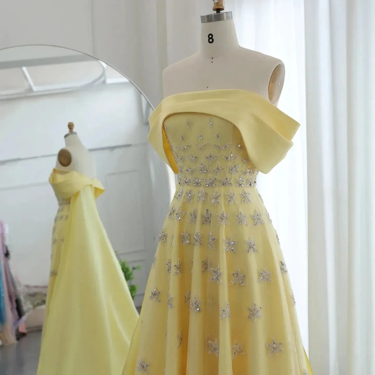 Arabic Yellow Satin Luxury Dubai Evening Dress with Cape 2024 Elegant Off Shoulder Women Wedding Party Gowns SS455