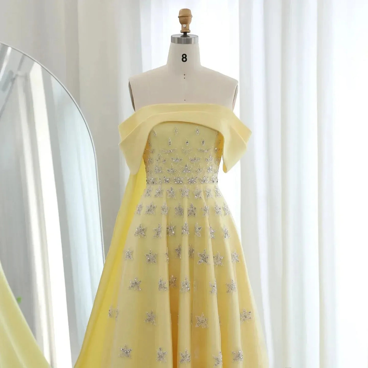 Arabic Yellow Satin Luxury Dubai Evening Dress with Cape 2024 Elegant Off Shoulder Women Wedding Party Gowns SS455