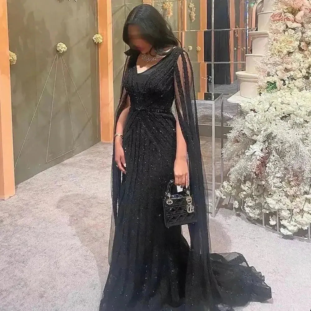 Black Arabic Mermaid Evening Dresses with Cape Sleeves 2023 Luxury Beaded Dubai For Women Wedding Party Gowns SS218