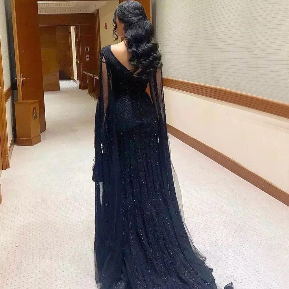 Black Arabic Mermaid Evening Dresses with Cape Sleeves 2023 Luxury Beaded Dubai For Women Wedding Party Gowns SS218