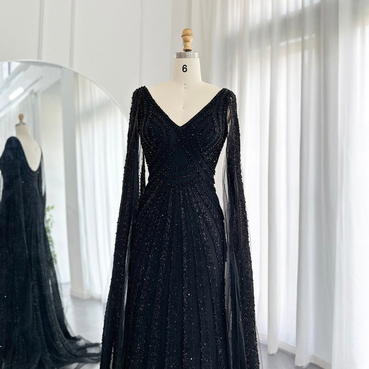 Black Arabic Mermaid Evening Dresses with Cape Sleeves 2023 Luxury Beaded Dubai For Women Wedding Party Gowns SS218