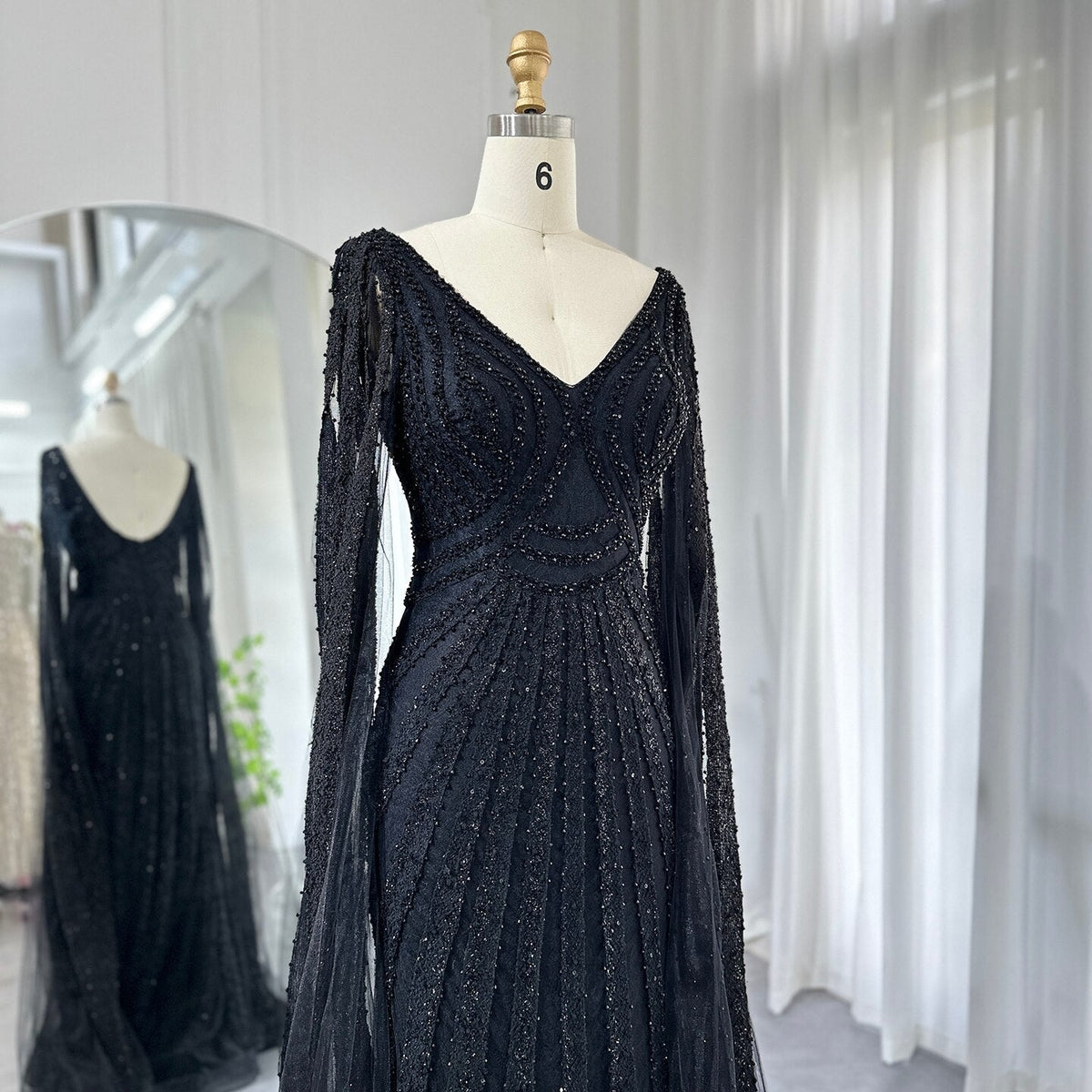 Black Arabic Mermaid Evening Dresses with Cape Sleeves 2023 Luxury Beaded Dubai For Women Wedding Party Gowns SS218