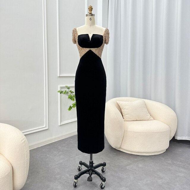 Black Midi Straight Evening Dresses 2023 Luxury Dubai Crystal Ankle Length Arabic Women Wedding Party Gowns SS282