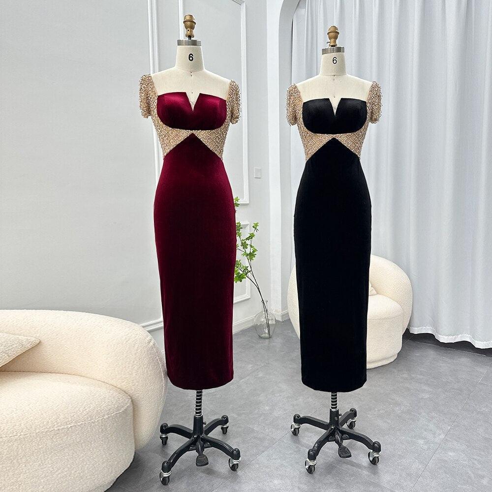 Black Midi Straight Evening Dresses 2023 Luxury Dubai Crystal Ankle Length Arabic Women Wedding Party Gowns SS282
